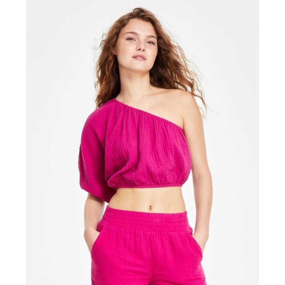NWT‎ DKNY Jeans Womens One Shoulder Cropped Top Fuchsia Pink Textured Gauze XXS